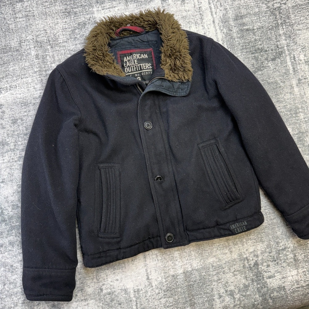 Y2K American Eagle Jacket Mens Large Navy Blue Wool Bomber Adirondack Faux‎ Fur